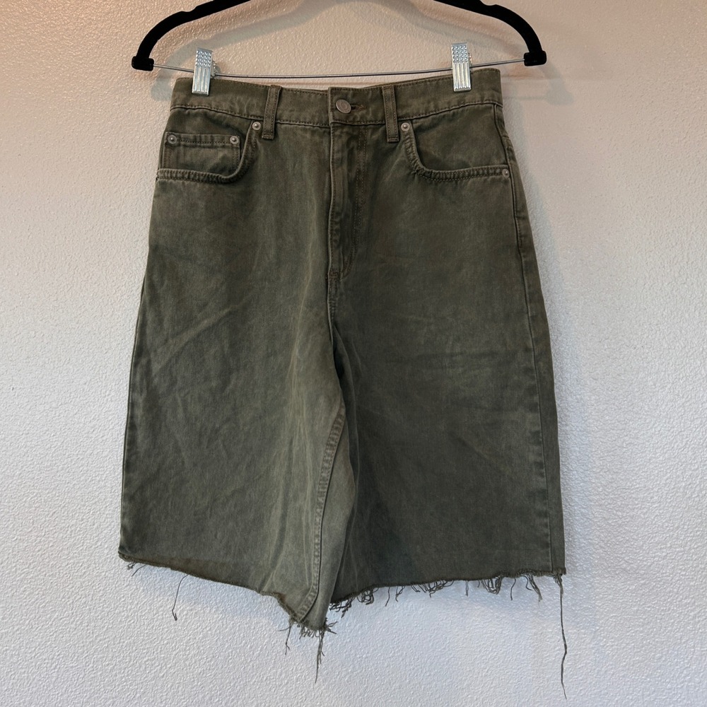 ASOS DESIGN Olive Green High Rise Raw Hem Denim Bermuda Shorts Womens US 4